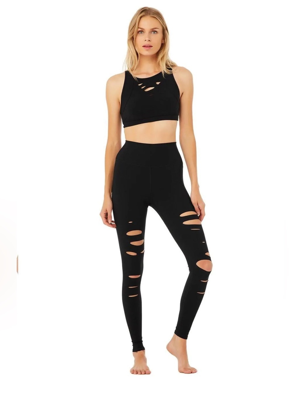 Alo Yoga Ripped Warrior Leggings Black High Waist Cutout Size M